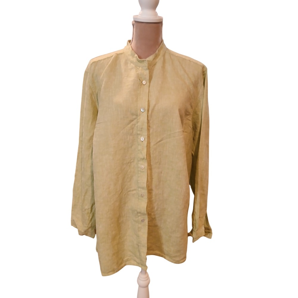 Real Clothes sz 20 Linen Mandarin Collar Button Down Shirt Light Green  Plus